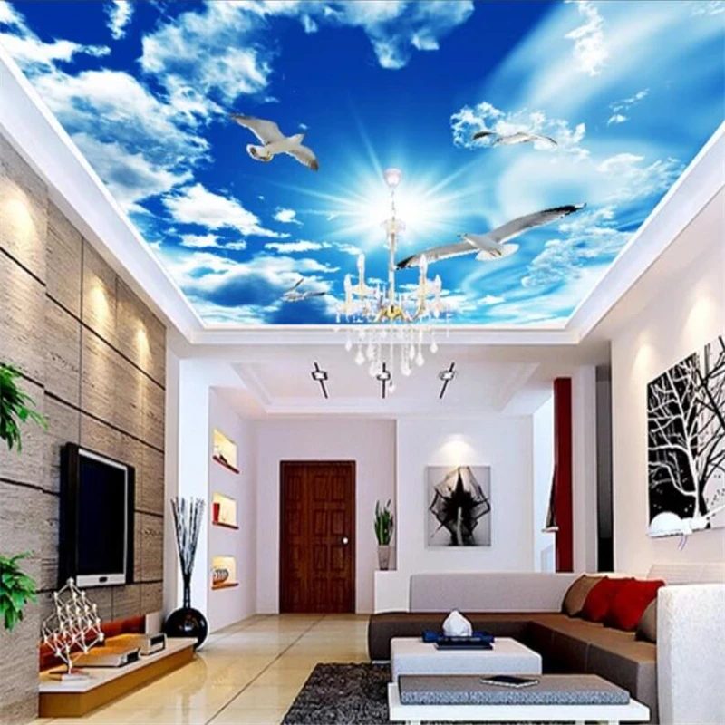 

Custom Wallpaper 3d Large Photo Murals Blue Sky White Clouds Gulls Ceiling Background Wall Angel Annunciation papel de paredes