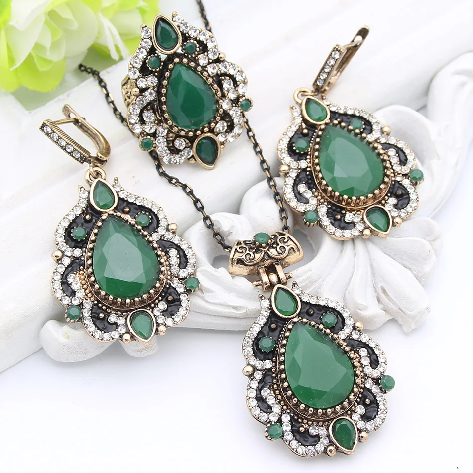 Exquisite Turkish  Women Flower Resin Jewelry Sets Hook Earring Antique Gold Color Vintage Ring Nigeria India Crystal Necklace