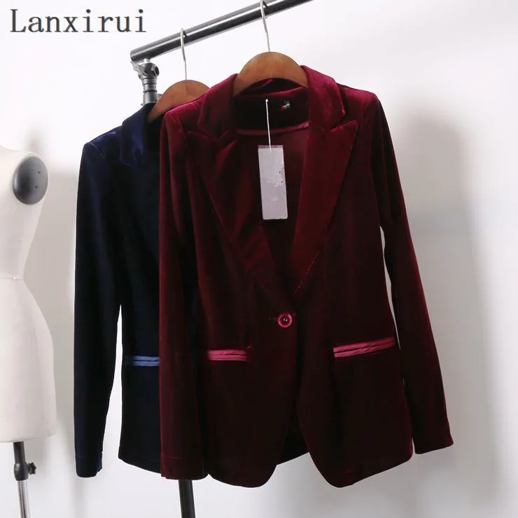 

New Fashion Women's Gold velvet blazer Casual Coat Jacket Button Woman Suit Slim Female