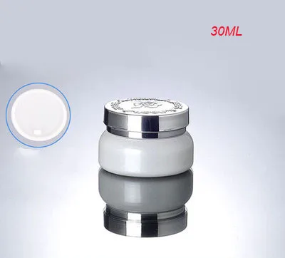 

NEW 30G white glass cream jar with silver lid ,glass empty 30 g cosmetic container,wholesale white color glass 30g jar