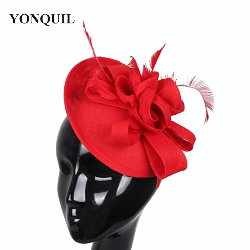 Women Red Hair Fascinator Hat Fancy Feather Accessories On Hairbands Cocktail Church Headpiece Fashion Kentucky Derby Headwear