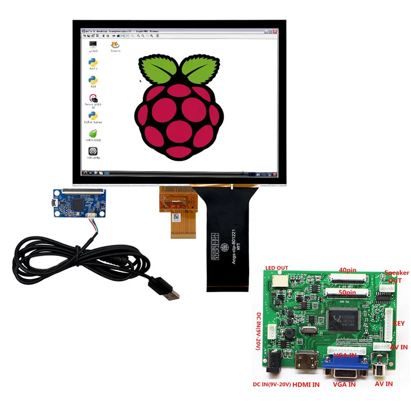 

HDMI+VGA+2AV+Audio Control driver board+8"capacitive touch assembly+LCD 1024x768 IPS LCD screen kits Module Car Raspberry Pi 3