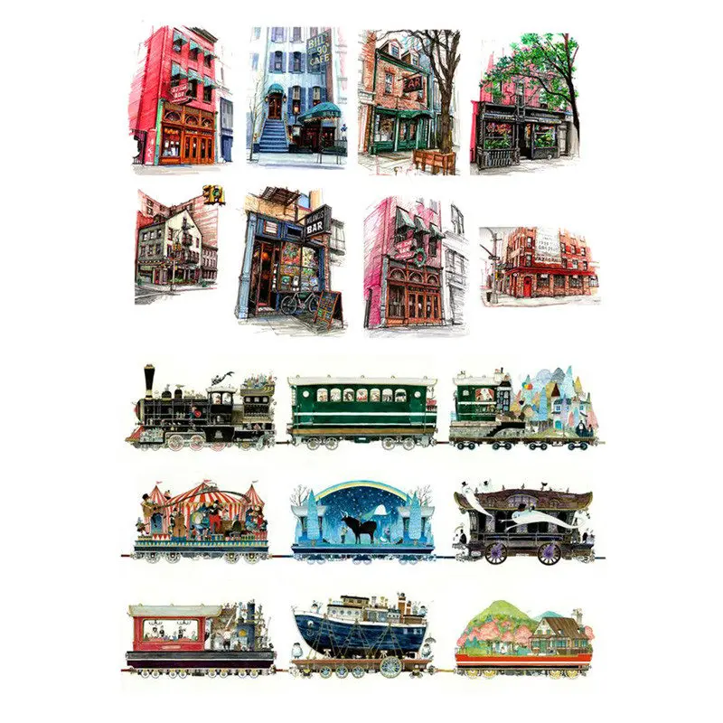 2PCS Kawaii Train Building Face DIY Decoration Scrapbooking Notebook Stationery Stickers Uncut Art Paper Planner Diary Sticker