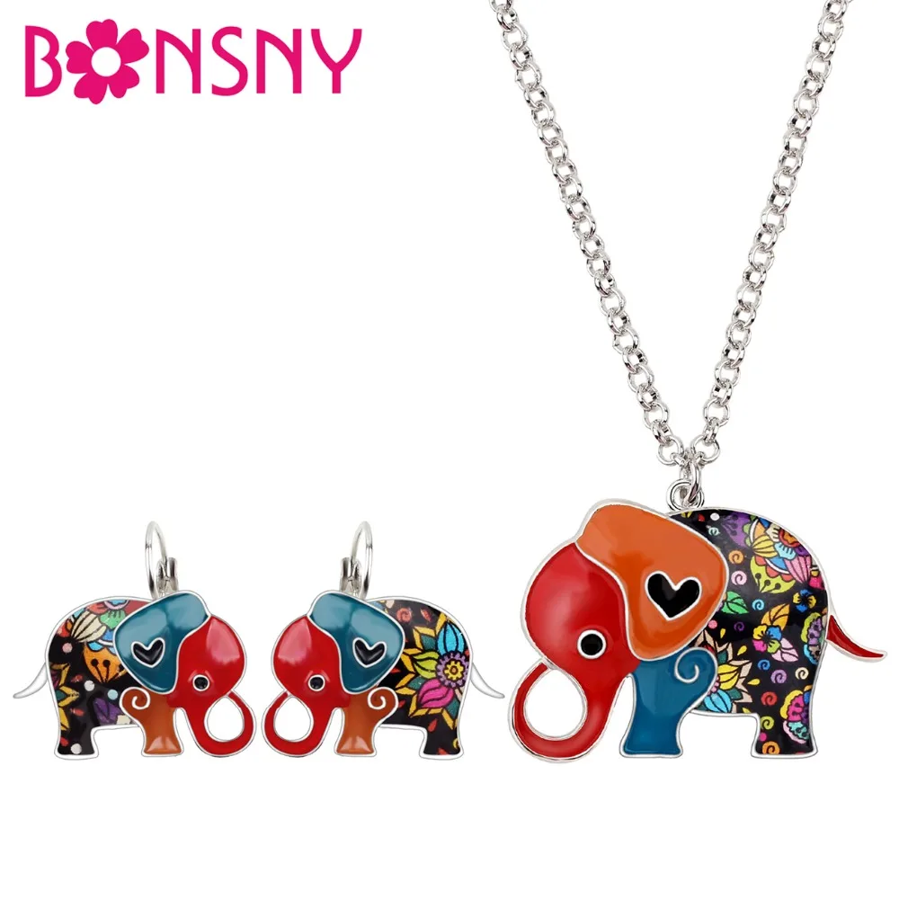 

Bonsny Enamel Alloy Cartoon Elephant Earrings French Clip Necklace Collar Animal Jewelry Sets For Women Girls Teens Gift Bijoux