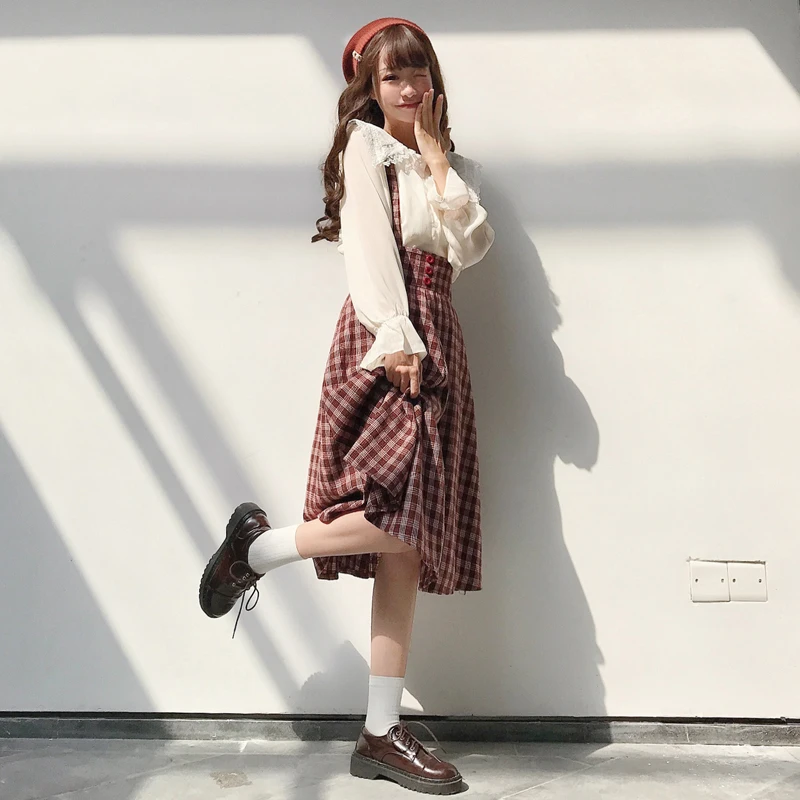 

Womens Two Piece Sets 2019 Spring New Korean Fashion Peter Pan Collar Flare Sleeve Chiffon Shirt + Plaid Strap Dress