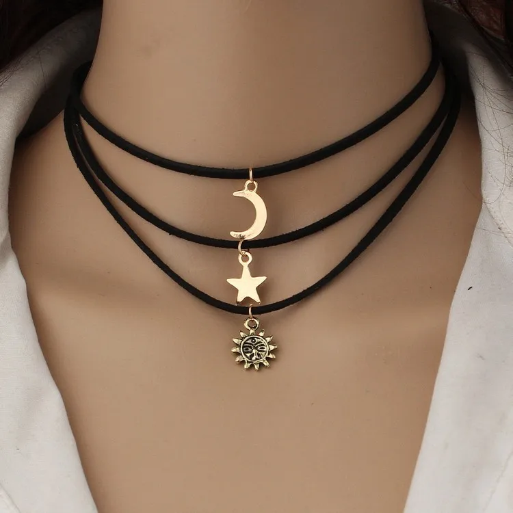 3 Pcs Sets Chokers Necklaces Alloy Star Moon Sun  Pendants Maxi Necklaces For Unisex Hot-selling Necklace Sets Pendantif Femme