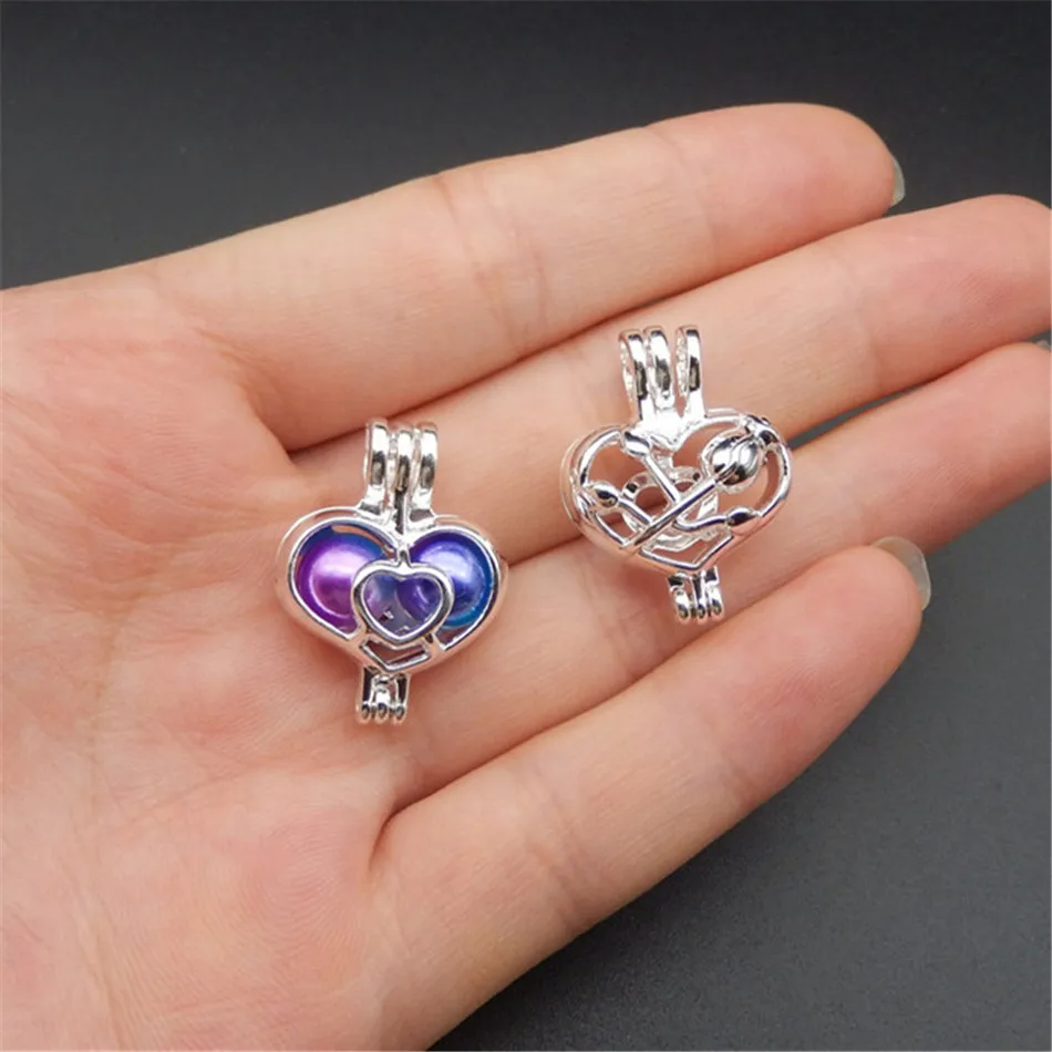 

10pcs bright silver rose heart pearl cage necklace pendant aroma oil diffuser adds your own pearl stone makes it more attractive