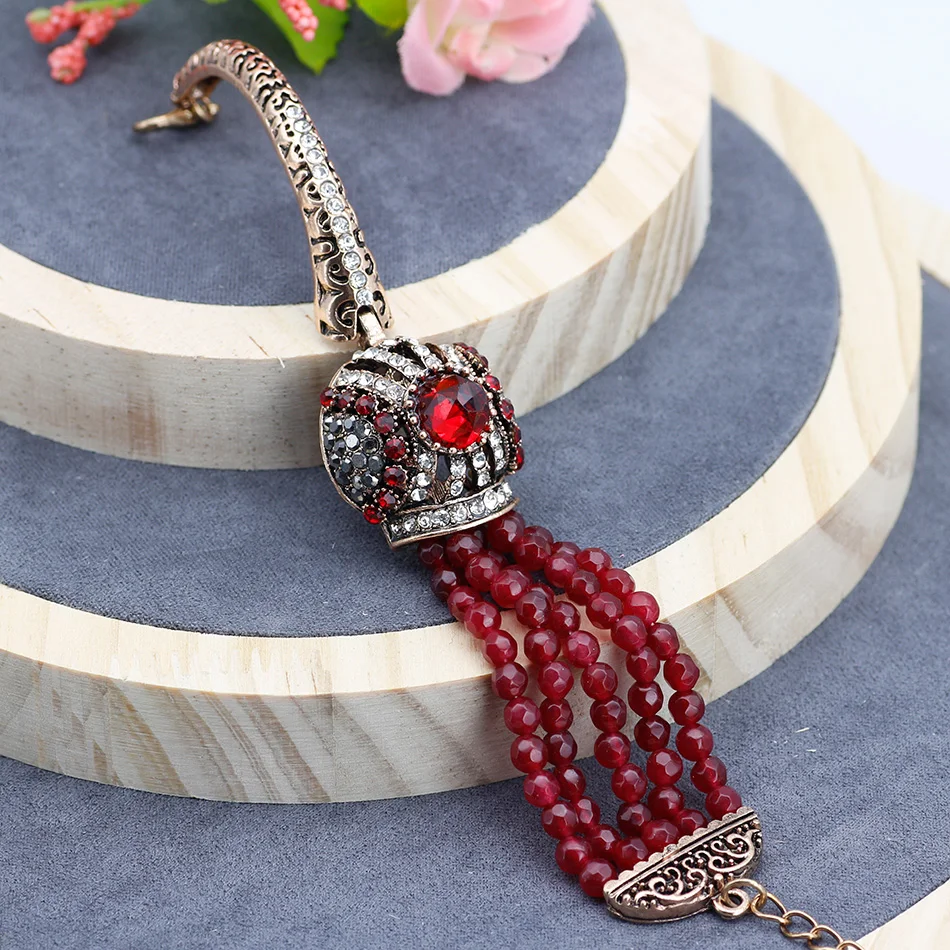 Turkish Red Crystal Charm Bracelets For Women Natural Stone Beads Bangle Cuff Antique Gold Color Fashion Wedding Jewelry