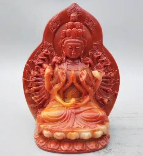 

Collection Chinese Shoushan Stone Carved Guanyin Thousand-Hand Kwan-yin Bodhisattva Handing Lotus Exquisite Buddha Statues