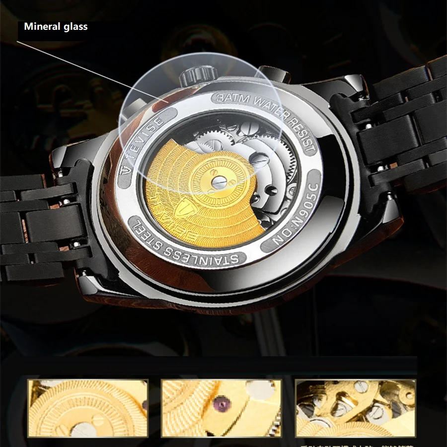 Automatic Skeleton Watches TEVISE T9005A Diamond Scale Luminous Hands Men Watch Mechanical Male Clock Classic Wristwatches 2024