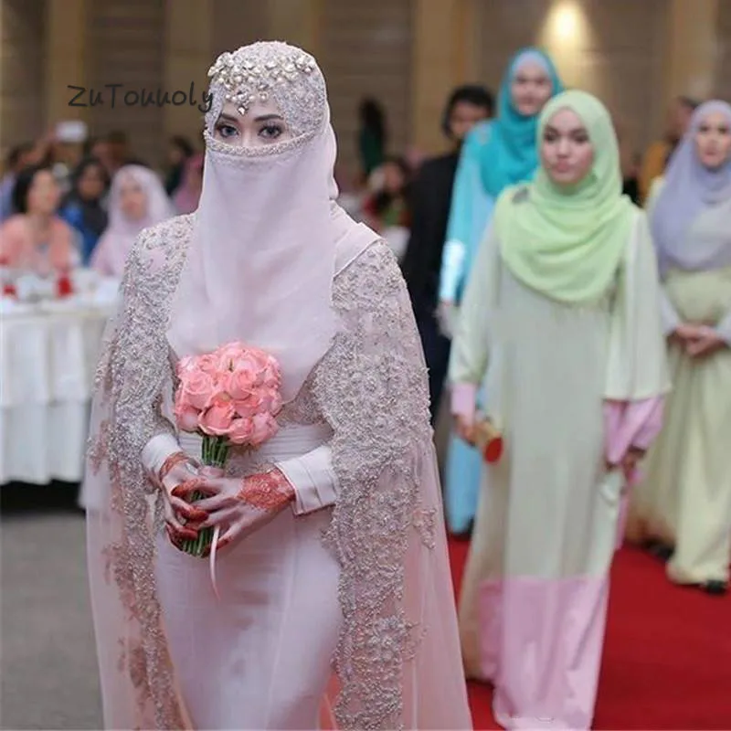 Robe de mariée musulmane rose poussiéreux, robe de sirène turque à manches longues, robe éducative Para Boda, robe de mariée de pays islamique personnalisée