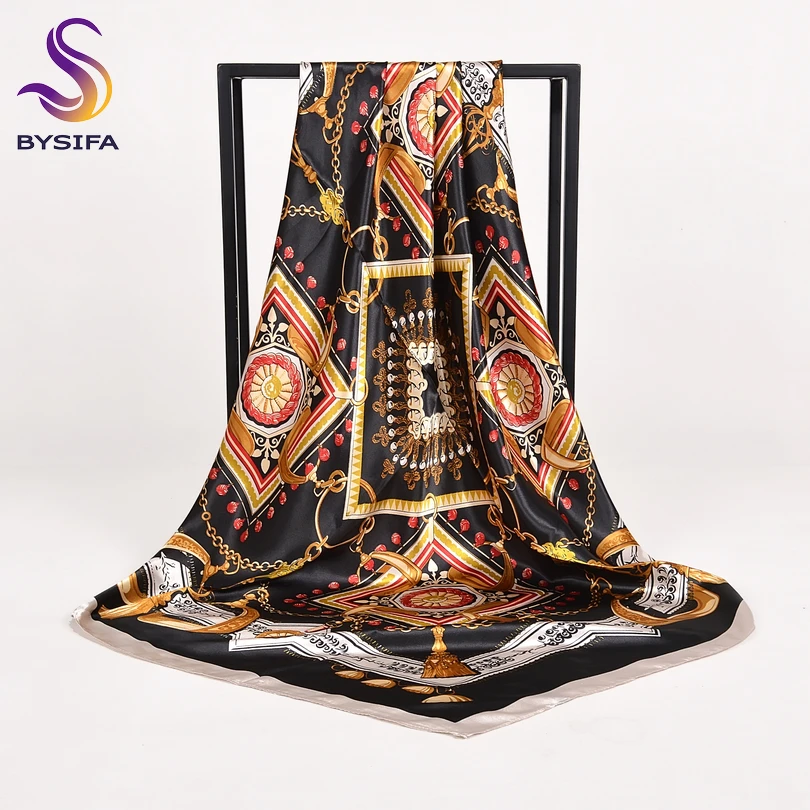 [BYSIFA] Brand Winter New Silk Scarf Shawl Women Fashion Luxury Square Scarves Wraps Brand Chain Design Muslim Head Neck Scarves