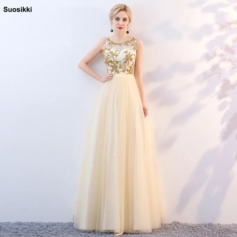 

Suosikki Lace Appliques o-neck Long Evening Dress The Bride Sexy Sleeveless zipper Back Beading Party Formal Dresses Custom