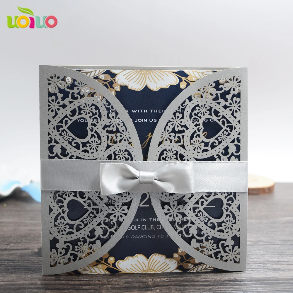 DIY customzied inc48 fold Laser Cut heart flower silver Wedding invitations Card ,tied grey bow,print insert,envelope