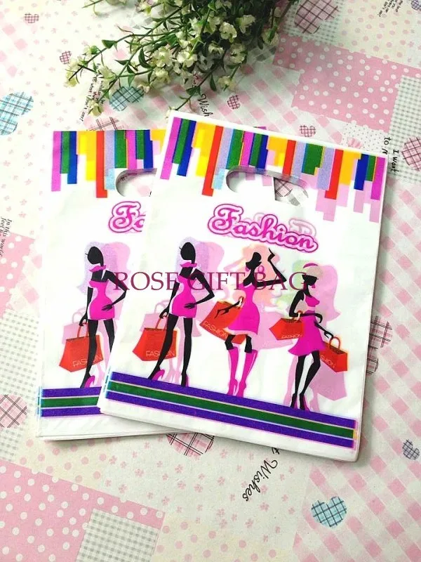 500pcs/lot Fashion Colorful Girls Print  Plastic Bag Useful Boutique Jewelry Gift Bags Cute Plastic Carrier Bags 15x20cm