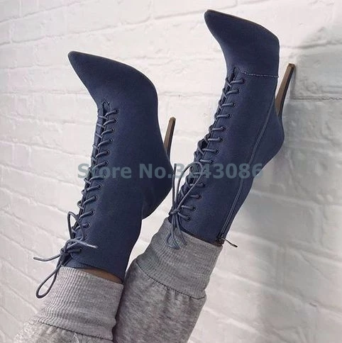 

Pointed Toe Sexy Ankle Boots Blue Denim Cross Tied Thin High Heel Boots Dusty Pink Satin Side Zipper Lace Up Women Ankle Boots