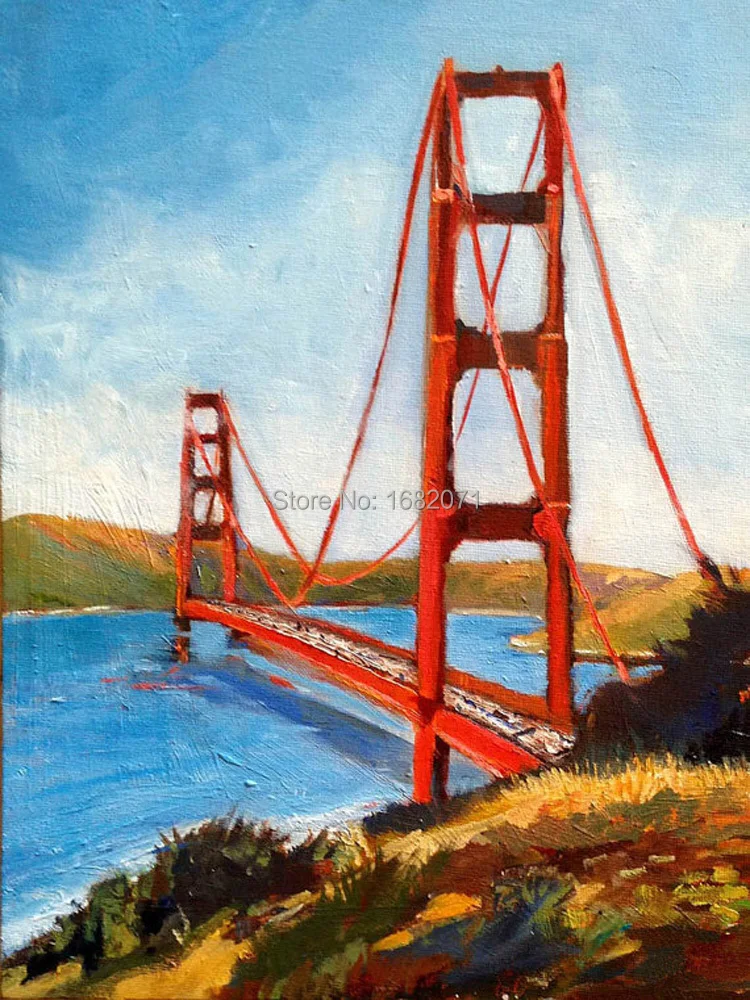 

USA Famous Building Golden Gate Bridge Oil Painting On Canvas Hand Painted Unique Building Oil Painting For Decoration