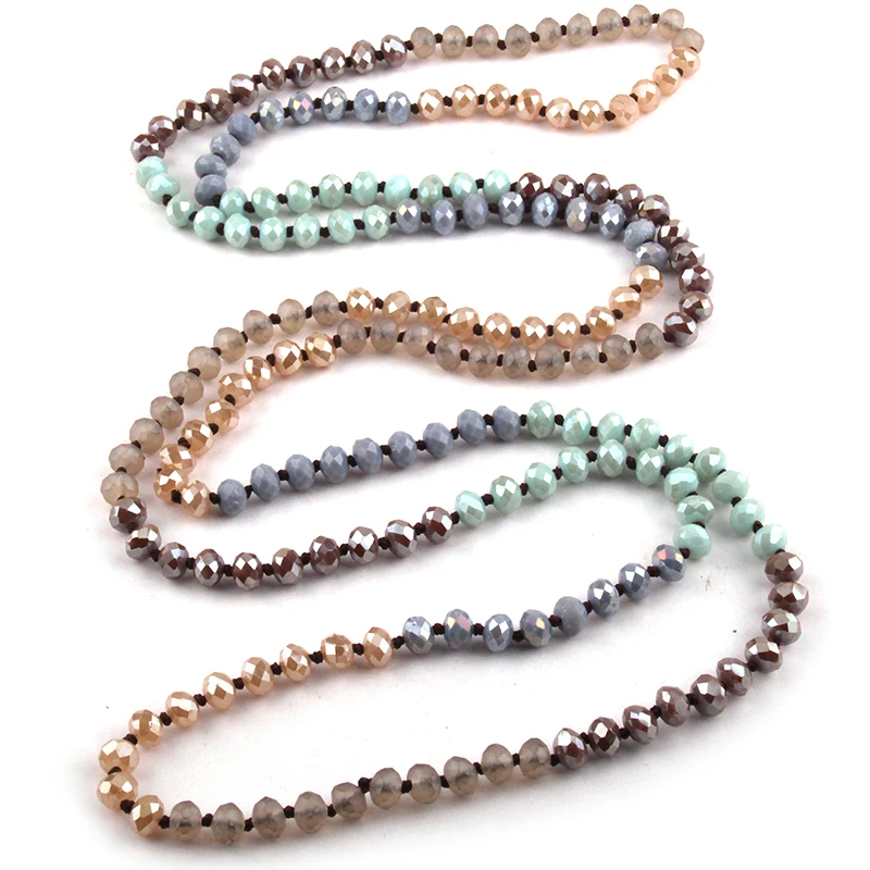 Fashion Bohemian Jewelry 5X8 Crystal Glass Long knotted Halsband Mumti Color Crystal Necklace