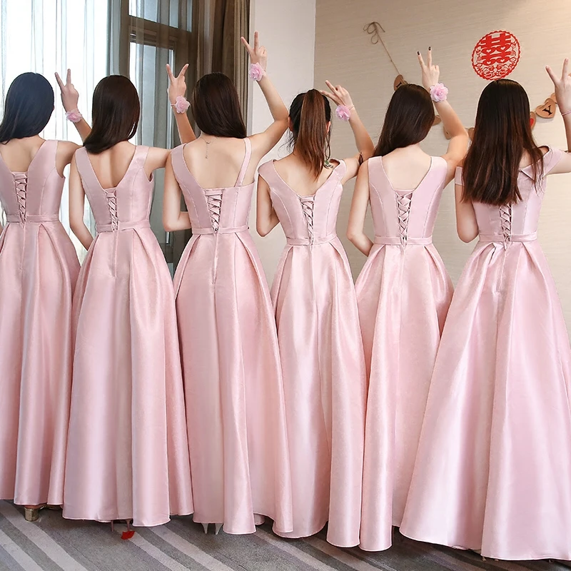 Lente Zomer Vrouwen Roze Lange Satijnen Bruidsmeisje Jurken Bruid Zus Jaarlijkse Prom Wedding Party Dress Lace Up Graduation Vestidos