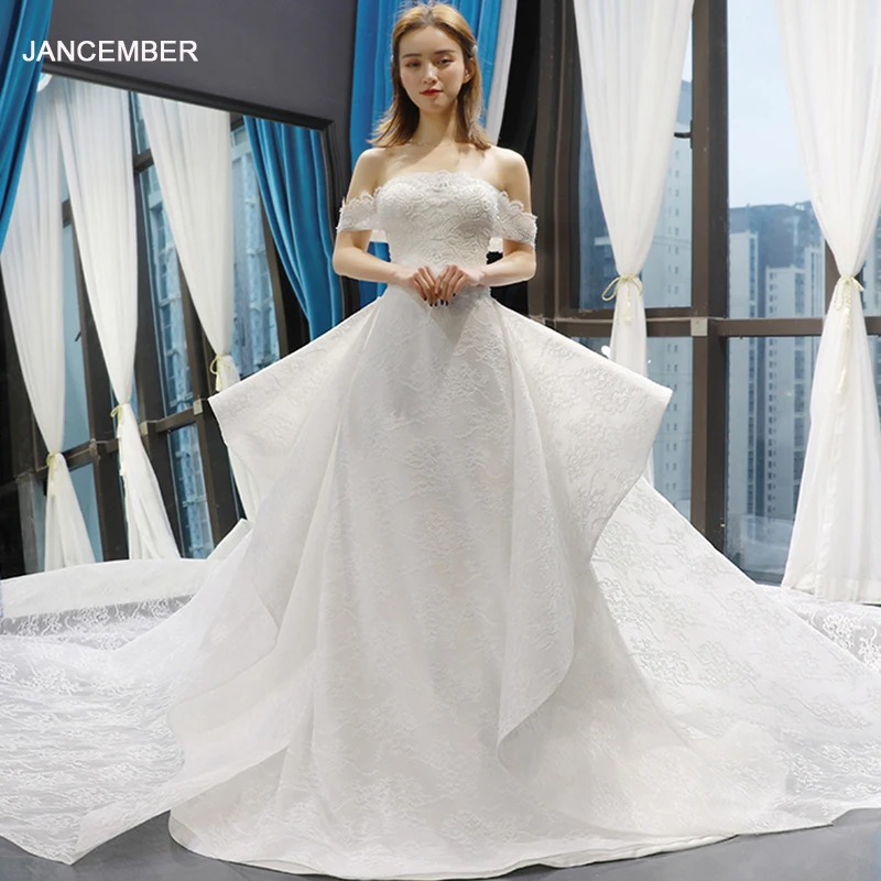 

J66760 jancember sexy wedding dress 2019 off shoulder boat neck lace white bridal dresses with train robe mariée luxe col bateau