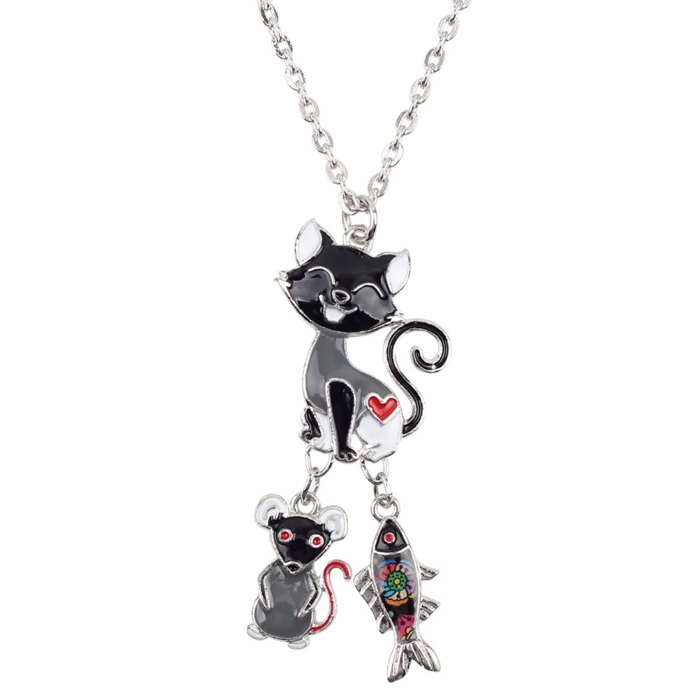 Bonsny Statement Chain Enamel CAT Mouse Fish Cartoon Necklace Pendant Fairy Tale Fashion Jewelry For Women Girl Kids Gift Charms