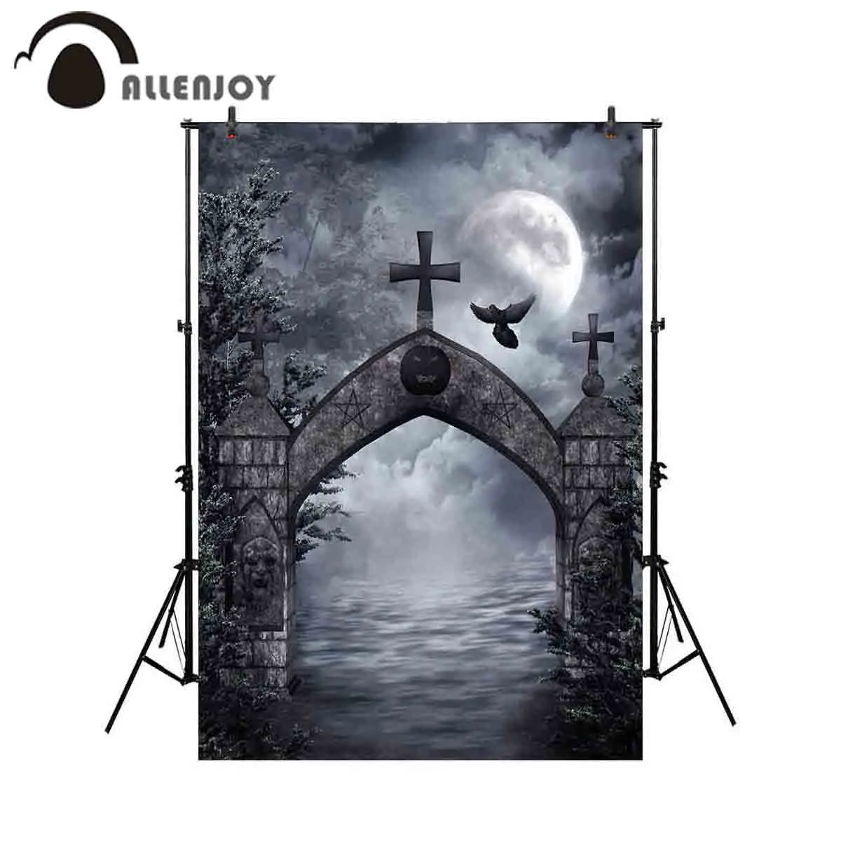 Allenjoy backdrop for photographic studio mysterious stone arched door cross crow dim moon background Halloween photobooth