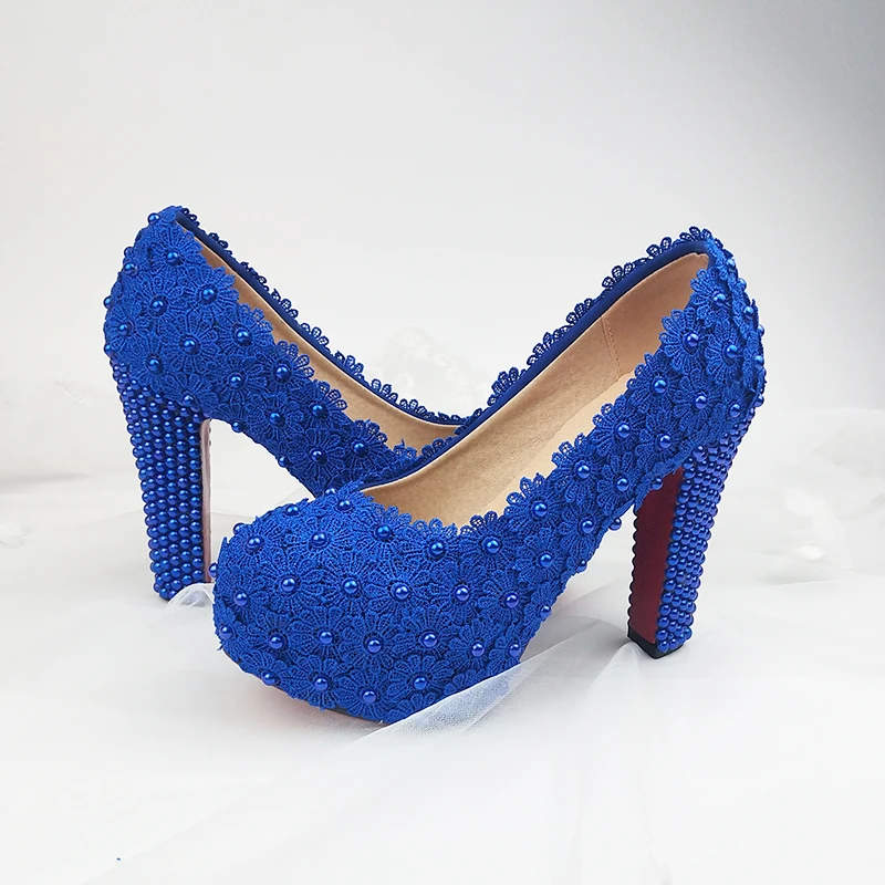 BaoYaFang Fashion Thick Heel Royal Blue Flower Wedding shoes for woman High heel platform shoes with matching bags