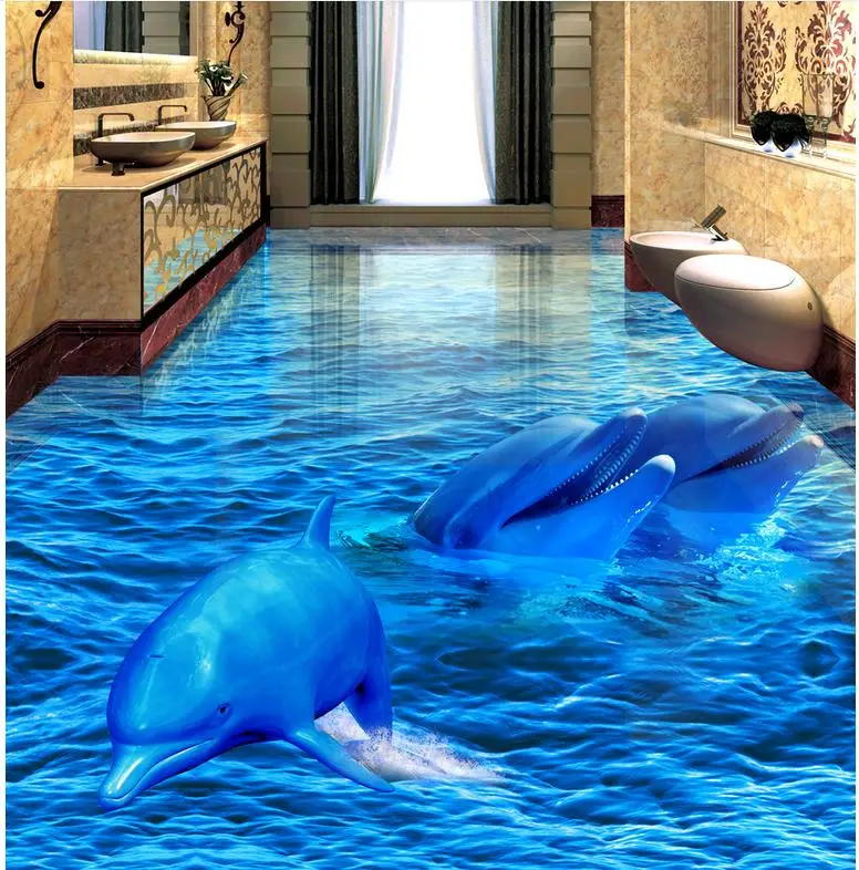 Custom Floor 3D Wallpaper Modern Art Self-adhesive PVC Wallpaper 3D Floor Dolphin Sea World Bathroom Living Room Floor Painting