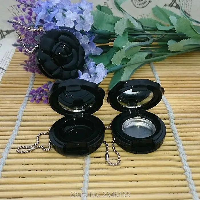 80pcs/lot Black Flower Shape Cosmetic Compact Container, Empty Eyeshadow Powder Case with Mirror, 20.5mm Eyeshadow Compact