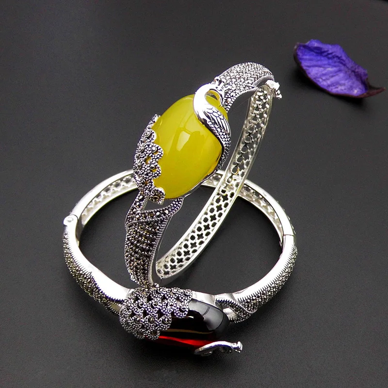 

S925 Sterling Silver Yellow Agate Peacock Bangle Garnet Set Gem Open Ended Fashion Women Bangle