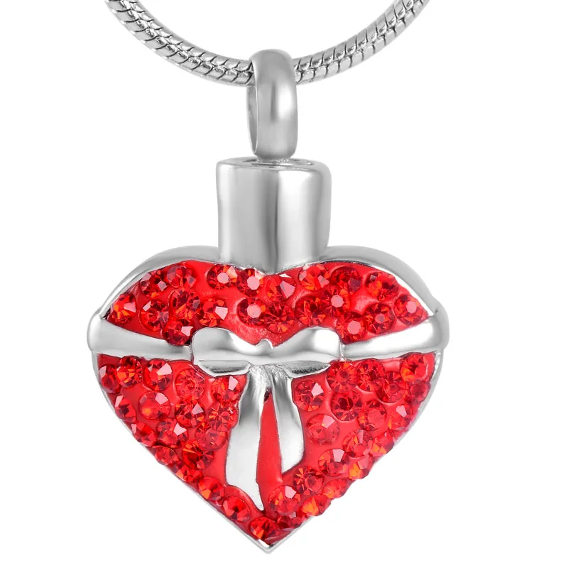 IJD8675 Nice Gift Stainless Steel Distinctive Red Crystal With Bowknot  Heart Pendant Necklace Cremation Ash Urn Locket Jewelry