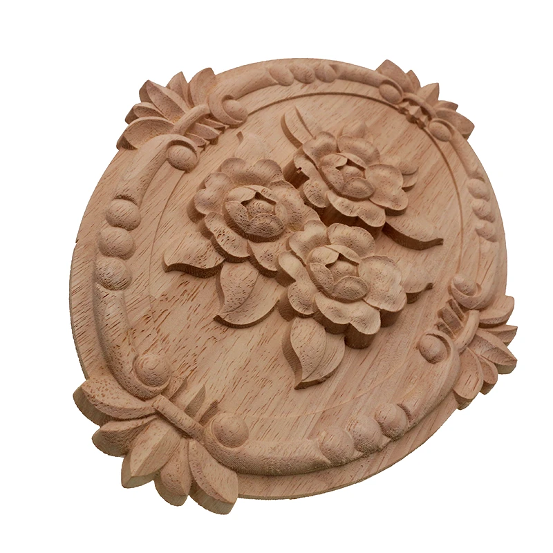 VZLX Flower Carving Natural Wood Appliques For Furniture Cabinet Unpainted Wooden Mouldings Decal Decorative Figurine