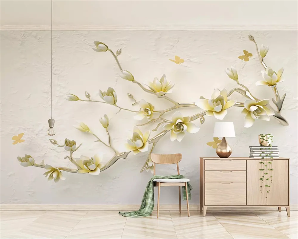 beibehang Custom fashion classic wallpaper new lemon yellow 3d magnolia branch embossed background papel de parede papier peint