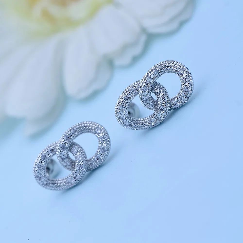 LUOTEEMI 2 Small Round Connected Stud Earring For Women Bridal Wedding Twisted Silver Color Korean Unusual Design Zircon Earring