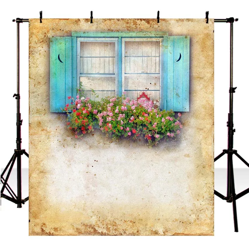 Retro Phong Cách Cũ Tường Cửa Sổ Màu Xanh Backdrop đối với Nhiếp Ảnh In Màu Hồng Đỏ Hoa Lá Màu Xanh Lá Cây Bé Sơ Sinh Tắm Nền