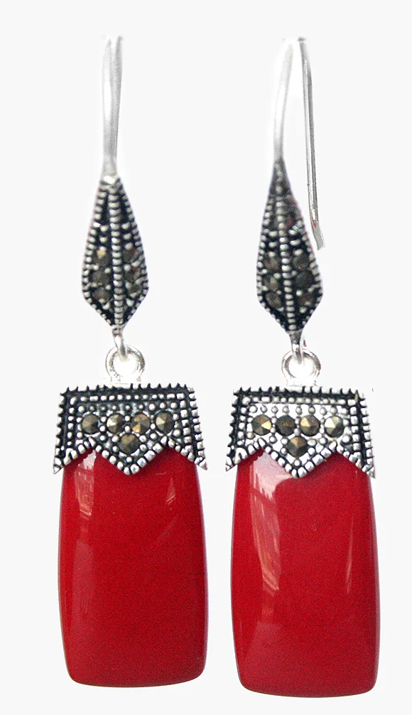

NICE VINTAGE RED CORAL 925 SILVER & MARCASITE EARRINGS 2"