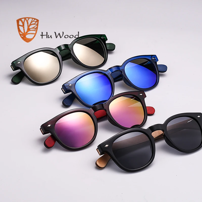 HU WOOD Wooden Sunglasses Women Plastic Frame Fashion Shades Fashion Blue Mirror Sun Glasses For Men Round Sunglass GR8017