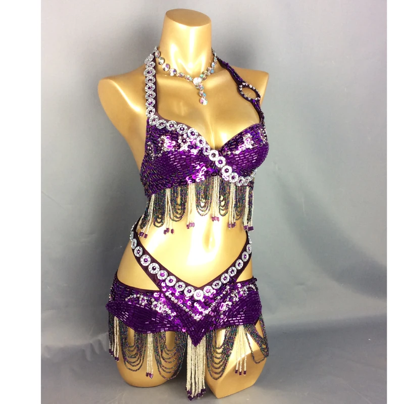 Conjunto de traje de danza del vientre con lentejuelas para mujer adulta, traje de danza del vientre Oriental con cinturón y sujetador, trajes de Samba, ropa de danza del vientre, novedad