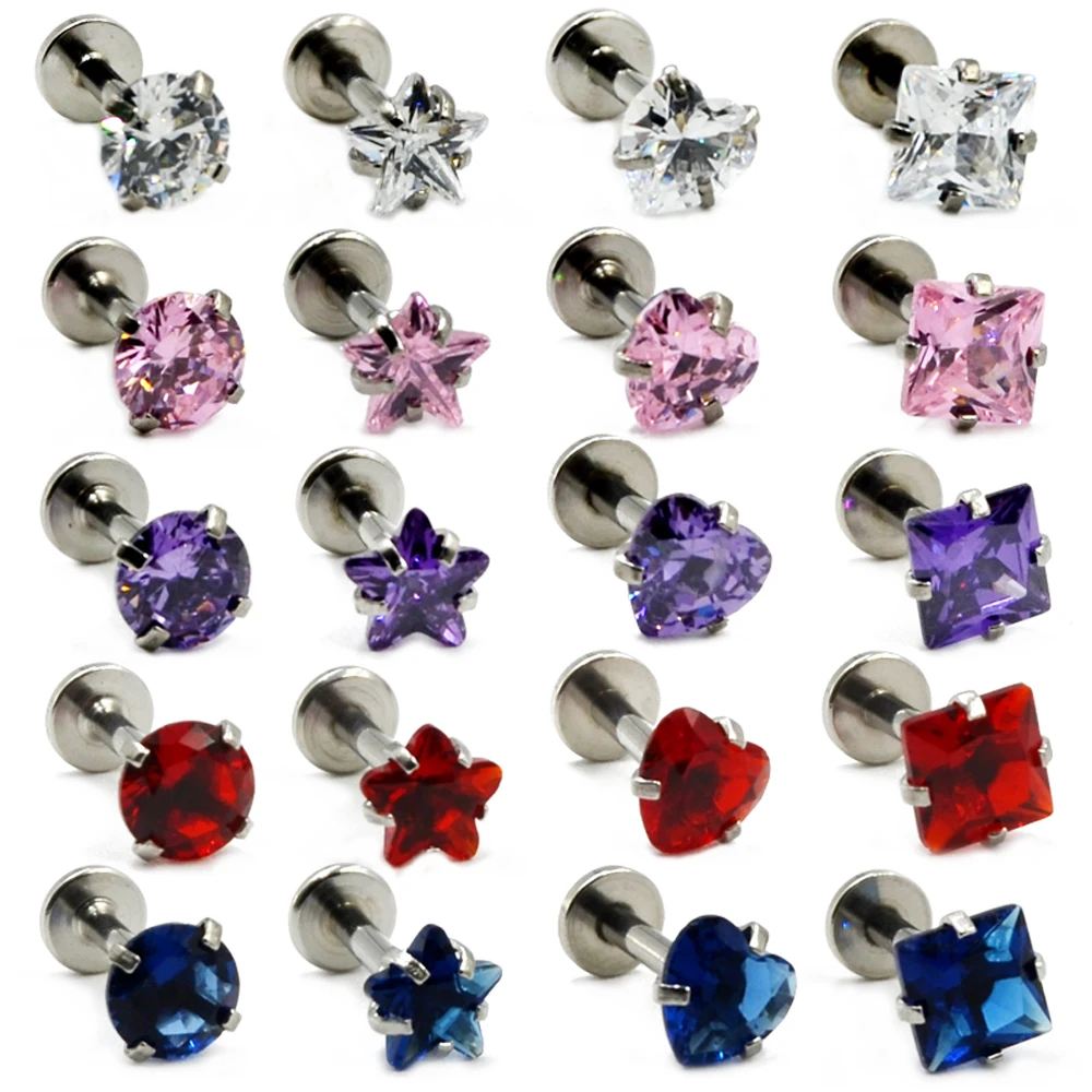 Showlove-100pcs Mixed 5 Colors Surgical Steel CZ Zircon Earring Tragus Cartilage Piercing Ear Stud Lip Ring Wholesa Body Jewelry