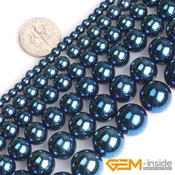 Blue Metallic Coated Round Reflection Magnetic Hematite Beads For Jewelry Making Strand 15