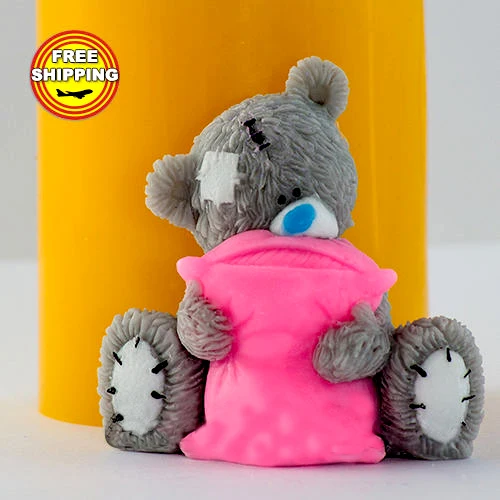 

Teddy with a pillow 3d soap mold 100% Food-grade silicone moulds 3d handmade animal soap and candle mold Przy wholesale