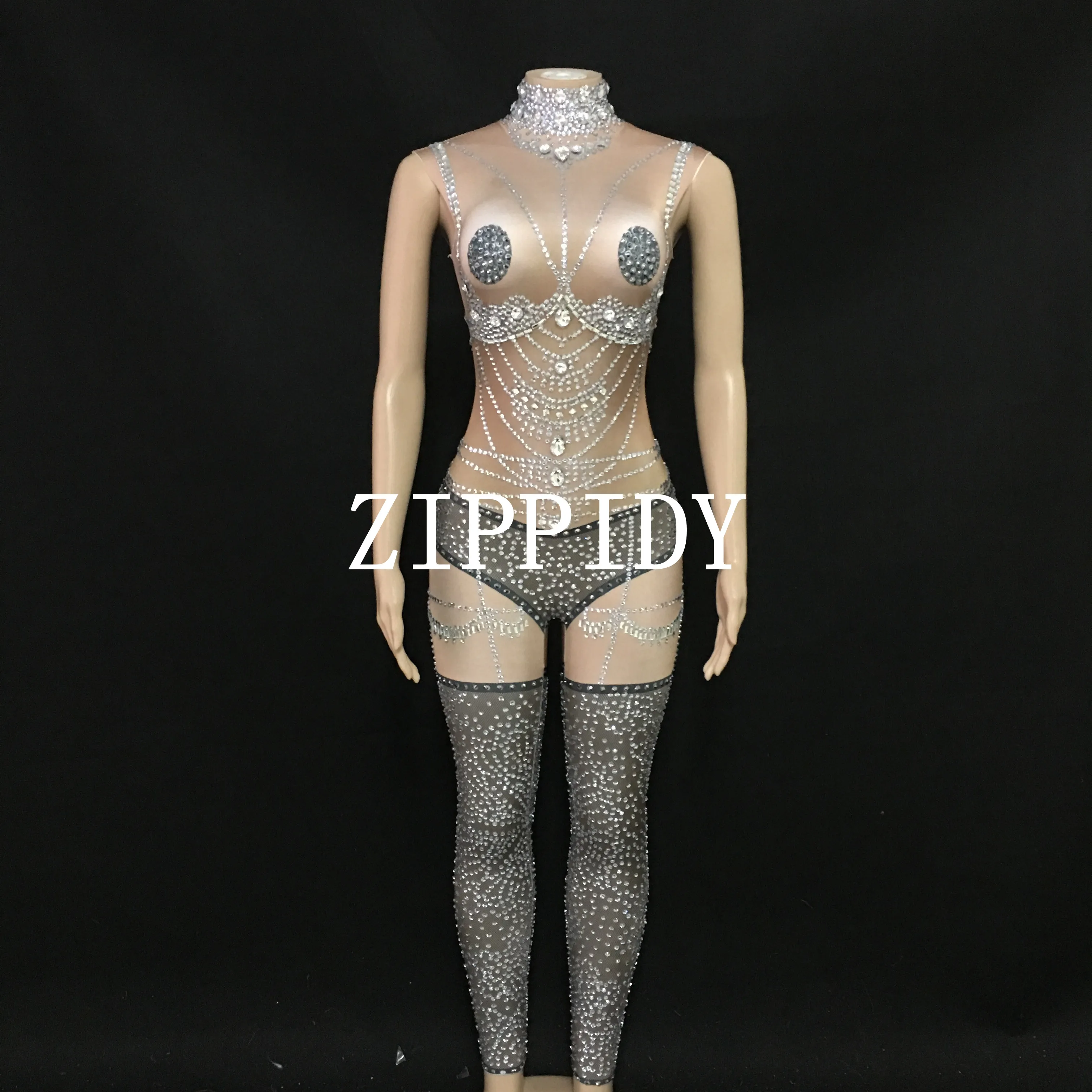 2019 New Sexy Nude Rhinestones Sexy Jumpsuit Sleeveless Dance Bodysuit Female Costume Nightclub Women\'s Prom Stage Show Outfit