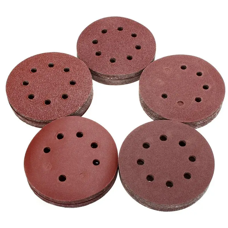 100 Cái/bộ 8 Lỗ Nhám Đánh Bóng 125 Mm 60/80/100/120/240 Nhám Tròn hình Dáng CHÀ NHÁM ĐĨA ĐỆM PHỒNG Tờ Giấy Nhám