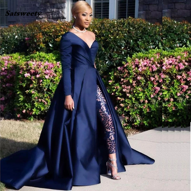 2023 Modest Blue Jumpsuits Prom Dresses One Shoulder Front Side Slit Pantsuit Evening Gowns Party Dress