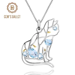 GEM'S BALLET Cat Shape Natural Sky Blue Topaz Animal Jewelry 925 Sterling Silver Handmade Gemstone Pendant Necklace For Women