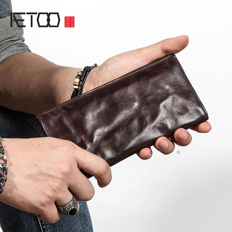 AETOO personality vintage cowhide leather simple young men's walle Ultra-thin men's long wallet leather original retro wallet