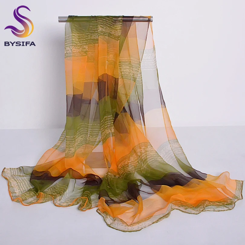 [BYSIFA] Yellow Green Silk Scarf Printed Fashion Accessories Women Thin Long Scarves Wraps Summer Lades Pure Silk Shawl Scarf