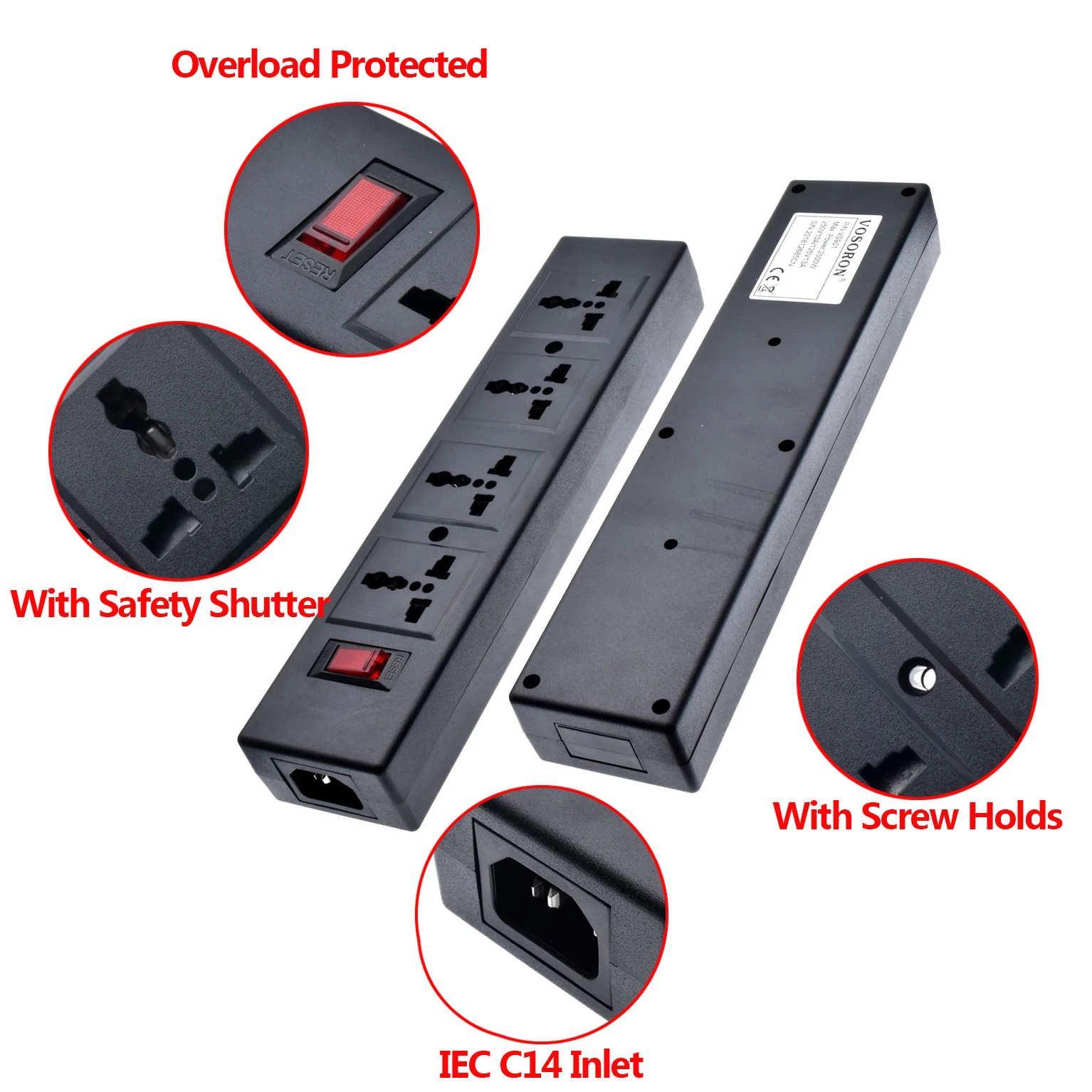 4-Outlet Universal socket with overload protector and safety door,Surge Protector 4 Ways PDU power strip Outlet extend