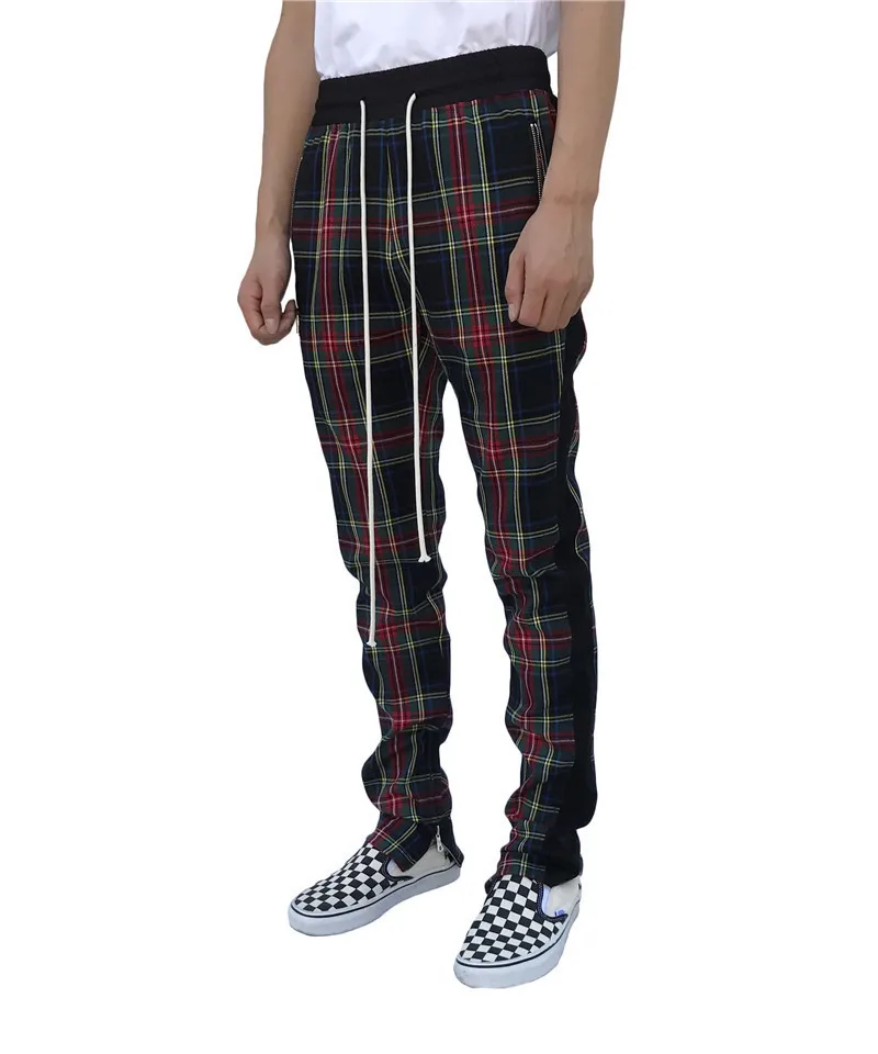 2020 New Fashion Men Sweatpants Hip Hop Pants Red Plaid Streetwear Zipper Slim Pencil Pants men Trousers Jogger Pants