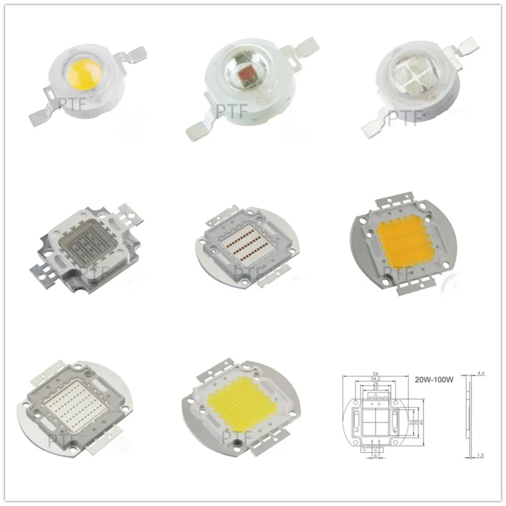 

High Power LED Chip 1W 3W 5W 10W 20W 30W 50W 100W Warm Cold White Red Green Blue Yellow RGB 3000K 4000K 6000K SMD COB Light Lamp